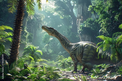 Stunning prehistoric landscape Complete with towering dinosaurs and lush greenery. © Thi