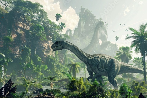 Stunning prehistoric landscape Complete with towering dinosaurs and lush greenery.