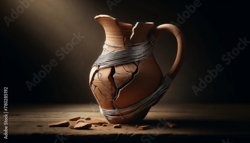 Imagine an image of a cracked clay pitcher with the fragments bound together by strands of silver wire. photo
