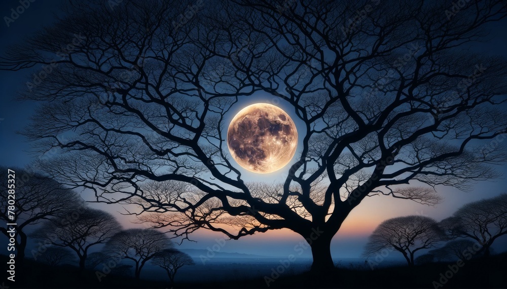 Fototapeta premium A silhouette of a leafless tree with its branches intricately framing a rising full moon in the twilight sky.