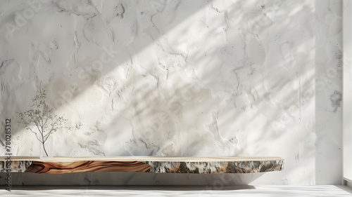 Fototapeta Naklejka Na Ścianę i Meble -  3D minimalist natural wooden table set against a white stone wall for elegant product displays