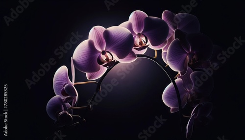 A gently arching stem of orchids in a soft purple hue, spotlighted to stand out against a pitch-black background.