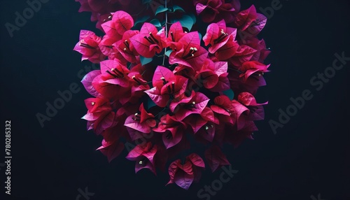 A hanging garland of bright fuchsia bougainvillea, with their paper-like texture, set against a deep, dark background.