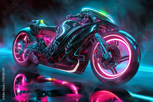 A motorcycle illuminated by neon lights on the front wheel, creating a vibrant and eye-catching visual effect