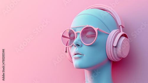 A minimalist pastel scene with a 3D-rendered human head sculpture wearing chic sunglasses and sleek headphones, encapsulating a tranquil music concept photo
