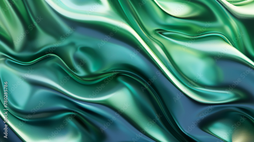 Obraz premium Dynamic 3D metallic background with a fluid wavy pattern in a stunning gradient of emerald green to sapphire blue