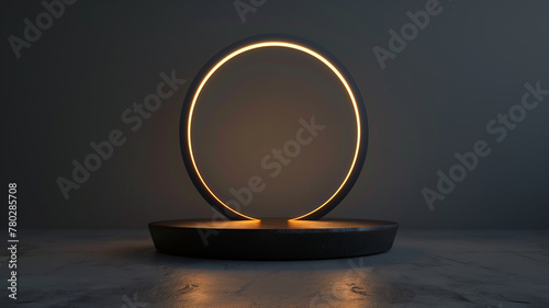 Circular black podium with a halo of light, ideal for highlighting cosmetic elegance, 3D, creative aura, with perfect lighting,