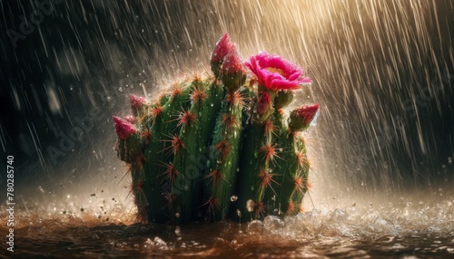 An image of a prickly pear cactus during a rain shower, with raindrops splashing on the pads and flowers, emphasizing the resilience of desert flora. photo
