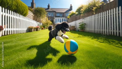 A black and white poodle playing with a colorful ball in a grassy backyard, with a white picket fence in the background. © FantasyLand86