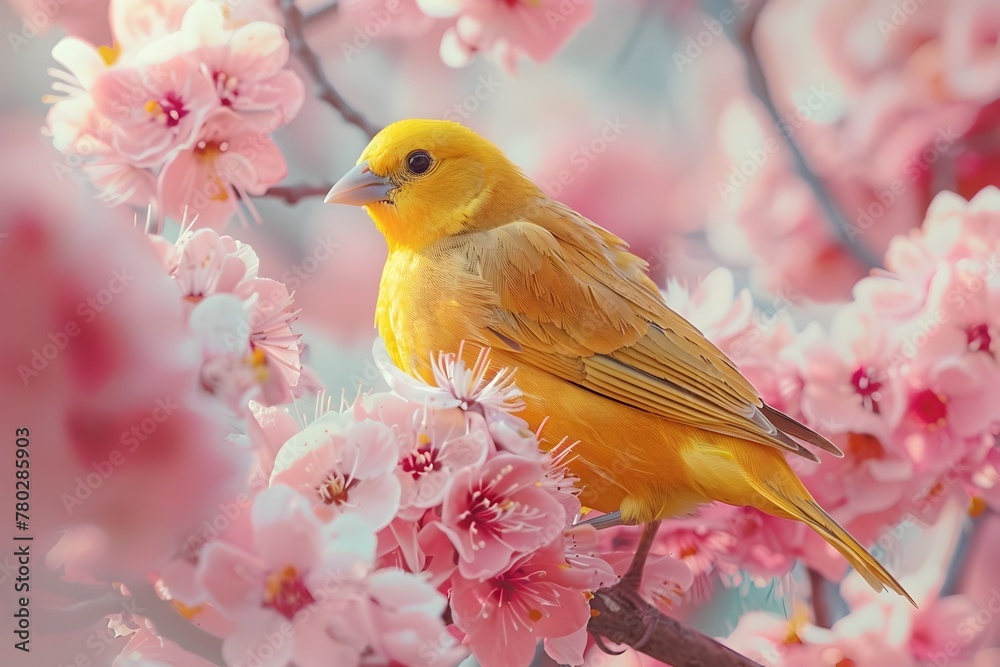 Canary Perched Amidst the Spring Bloom in Stylized Nature Photography Canary Perched Amidst the Spring Bloom in Stylized Nature Photography