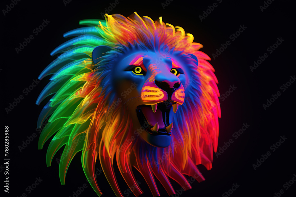 Lion head with colorful neon lights on dark background. 3D rendering