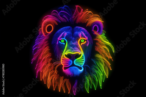 Lion head with colorful neon lights on dark background. 3D rendering