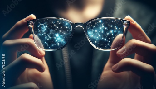 An image of a pair of glasses with lenses that reflect constellations, as if the wearer can see the cosmos. photo