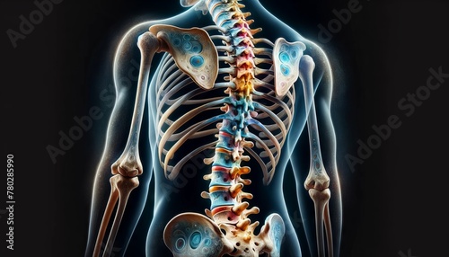A depiction of the human skeletal system focusing on the spine, showing the vertebrae and intervertebral discs in a similar artistic style.