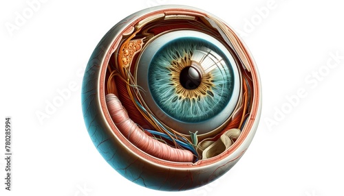 A detailed illustration of a human eye, dissected to show the iris, lens, and retina in an artistic style. photo