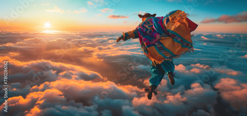 photo of cow dressed in colorful superhero costume, flying above the clouds at sunrise
