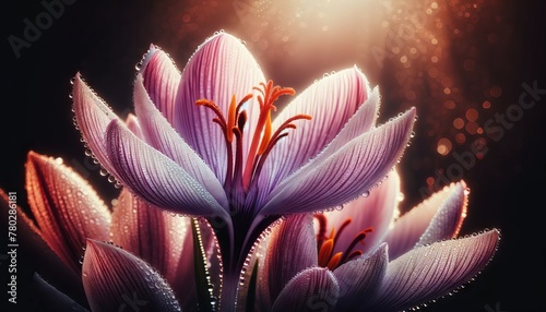 A detailed, close-up image of Saffron flowers with morning dew highlighting the fine details of the petals and stamens, with a good focus and well-composed. photo
