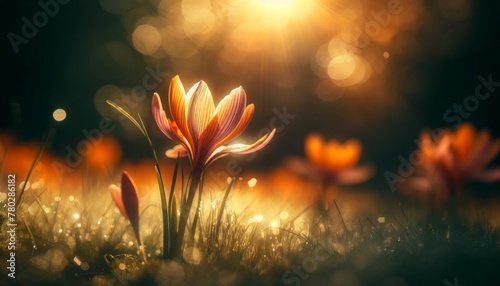 A detailed, close-up image of Saffron flowers illuminated by soft sunlight with a blurred garden background, ensuring good focus and a well-composed. photo