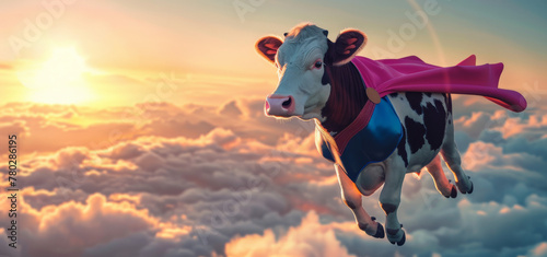 photo of cow dressed in colorful superhero costume, flying above the clouds at sunrise photo