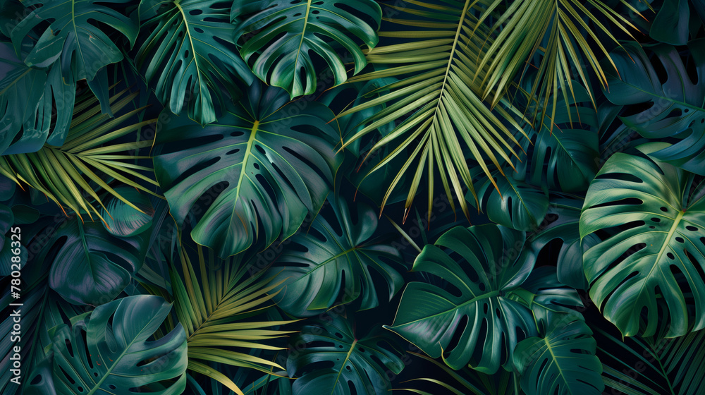 Dark green tropical leaves background, monstera and palm tree foliage texture, Generative AI
