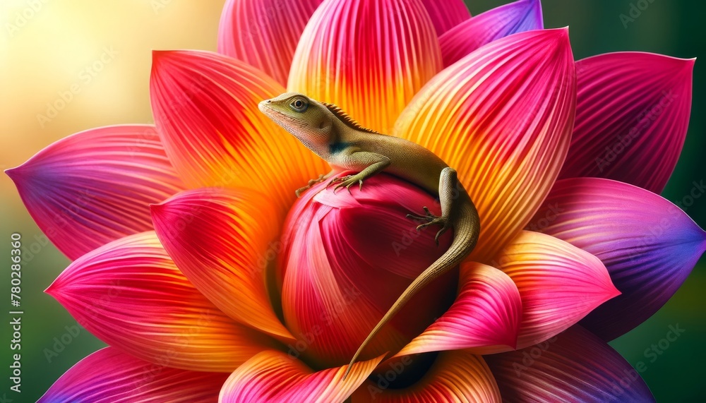 A lizard on a vibrant, exotic flower, highlighting the contrast between the reptile's texture and the soft petals. A lizard on a vibrant, exotic flower, highlighting the contrast between the reptile's texture and the soft petals.