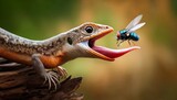 A lizard catching a fly, showcasing the speed and precision of its tongue.