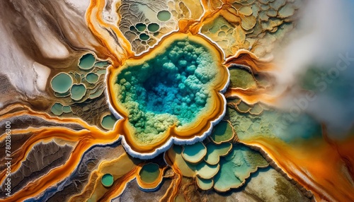 An aerial close-up view of mineral deposits in a geothermal spring, in a 16_9 aspect ratio. photo
