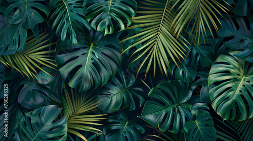 Dark green tropical leaves background, monstera and palm tree foliage texture, Generative AI © Sarawut