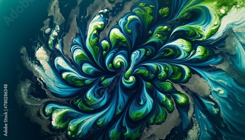 An aerial close-up of vibrant blue and green algae patterns swirling on the surface of a calm body of water.