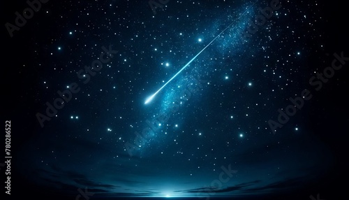 A dark blue starry night sky with a single, bright shooting star streaking across it.