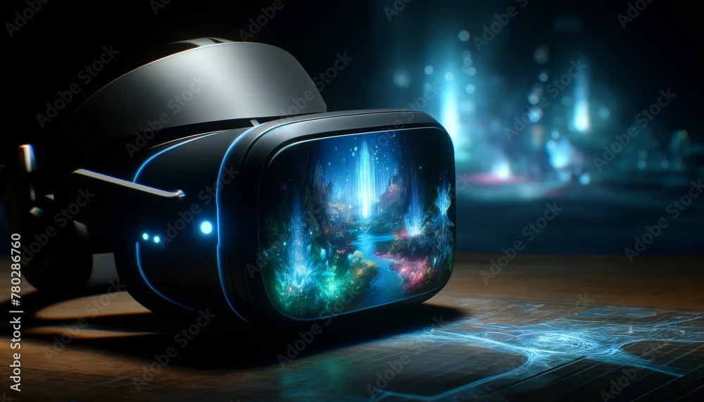 A close-up of a virtual reality headset that emits a holographic projection of a fantasy world, blending the boundaries between reality and digital. A close-up of a virtual reality headset that emits a holographic projection of a fantasy world, blending the boundaries between reality and digital.