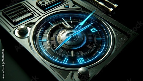 A close-up of a digital clock face with neon hands hitting midnight, with cyberpunk-style elements and a cool blue glow, emphasizing a high-tech, future.
