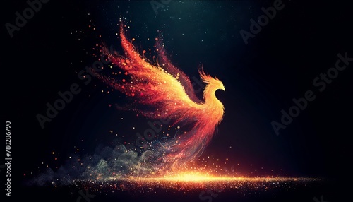 An illustration of a phoenix silhouette arising from a base of scattered light particles, symbolizing rebirth or new beginnings in a digital realm. photo