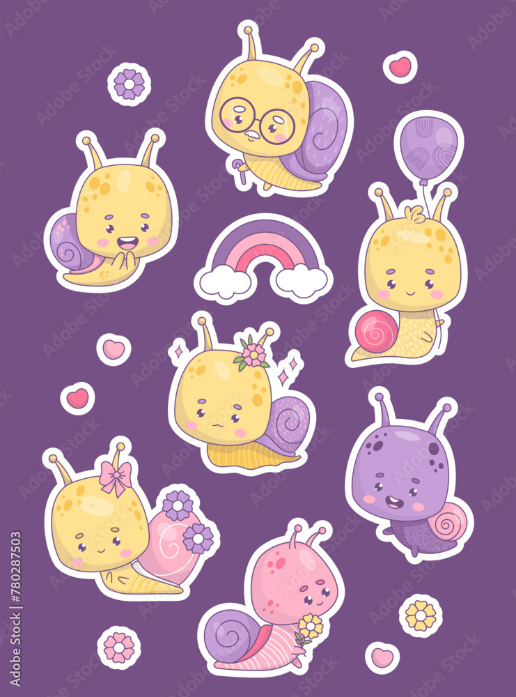 Obraz premium Sticker collection Funny snail character. Comic kawaii insect with flower, balloon and rainbow, mollusk old man grandfather with glasses in retro style. Isolated vector illustration. Kids collection