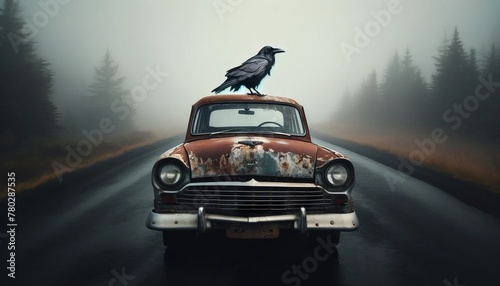 A raven perched on top of an old, rusted-out car in the middle of an empty road engulfed in fog.