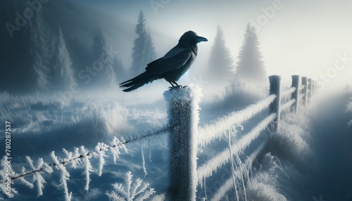 A raven standing on a frost-covered fence post in a wintry, fog-filled landscape.