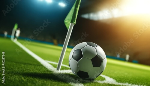 A close-up of a soccer ball at the corner kick spot with a corner flag partially visible in the background.