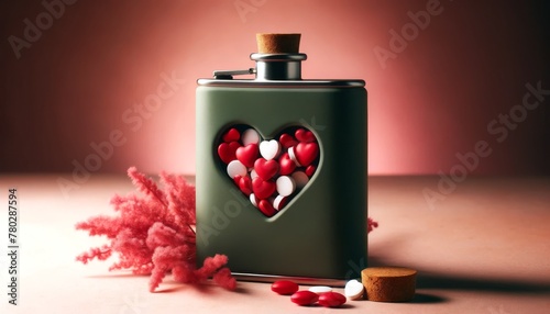 A matte green flask with a cork lid, full of red and white heart-shaped pills, in a romantic setting with soft pink hues.