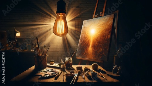 An artist's studio with a classic Edison bulb illuminating an unfinished canvas. photo