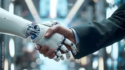 a human and robot handshake, working together for success, Concept about partnership with future Artificial General Intelligence, tech innovation, and machine learning progress.