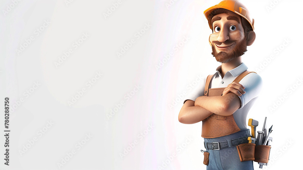 background with space for text, and on the sides, feature a single cartoon character holding tools as a craftsman background with space for text, and on the sides, feature a single cartoon character holding tools as a craftsman