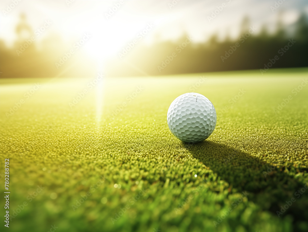 Golf ball on green grass ready to be shot into the hole