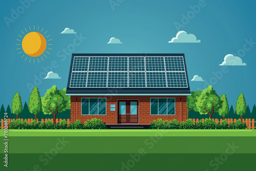 Solar panels on the roof of the house. Vector illustration in flat style