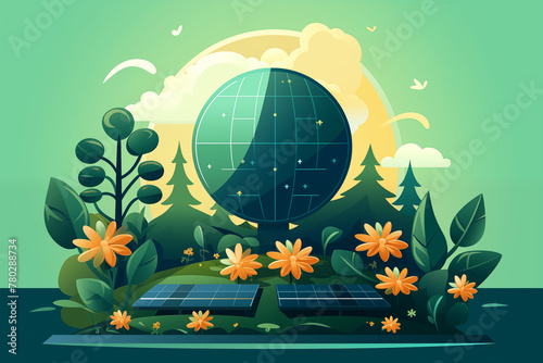 Solar panels and planet in the forest. Vector illustration in flat style