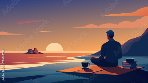 As the sun sets on a deserted beach a person sits on the shore with a warm cup of tea and a stack of poetry books. They take in the sounds of