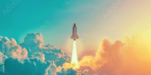 A white and red rocket is launching and flying in the blue sky with lots of white smoke, in the minimal style. photo
