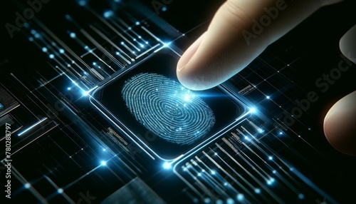 A digital fingerprint on a touchpad of a device, with a cyber-themed glow indicating biometric security measures.