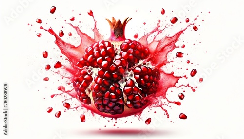 A close-up of a pomegranate seed explosion with droplets of red juice bursting out against a stark white background.