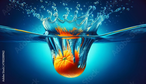 A close-up of a bright orange splash as a segment of mandarin is dropped into a clear pool of water, with dynamic water ripples spreading out. photo