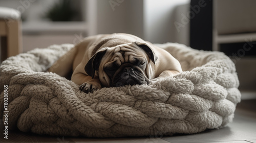 Cute pug dog lying on a soft plaid at home